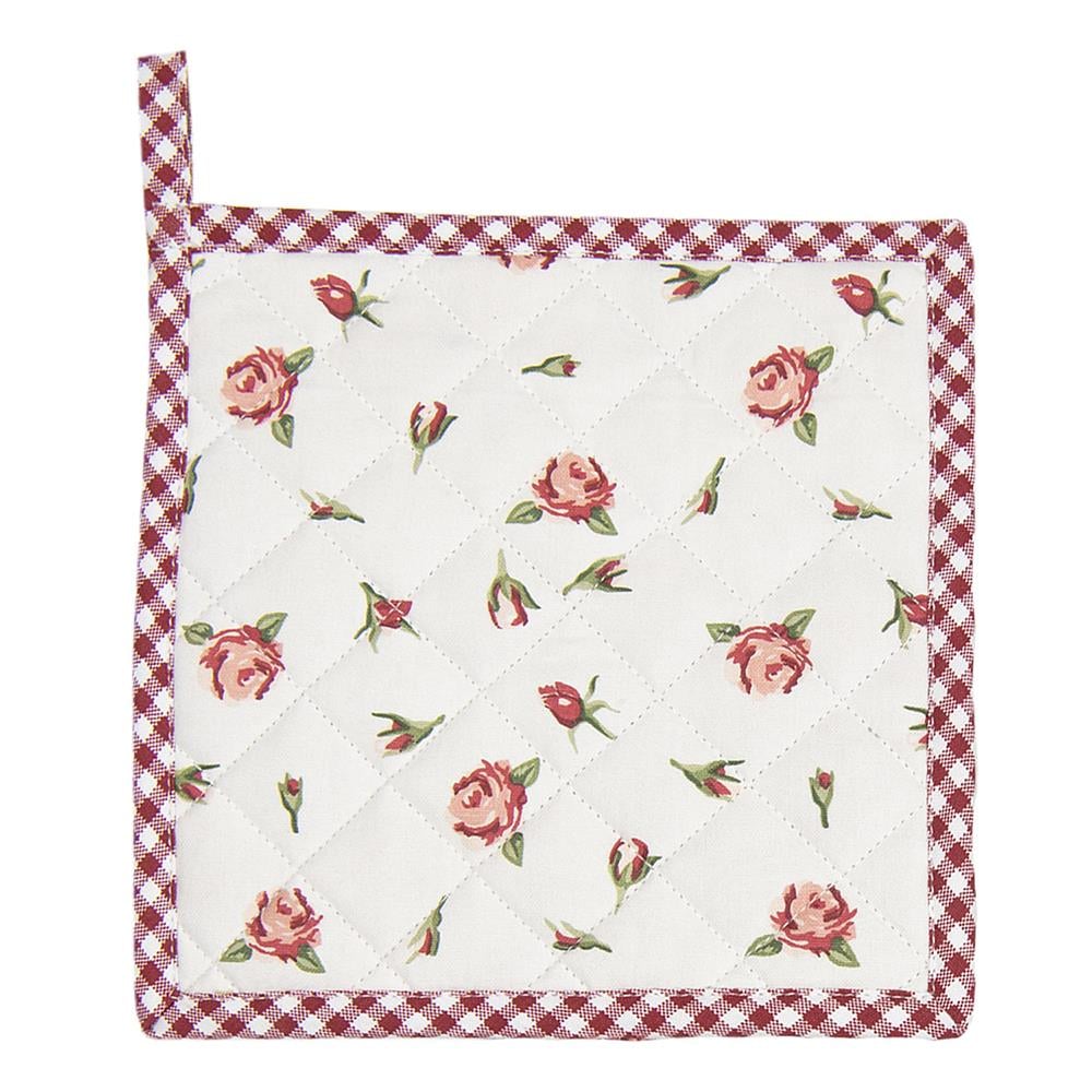 Clayre & Eef Pannenlap  20x20 cm Rood Wit Katoen Vierkant Rozen Afgiet