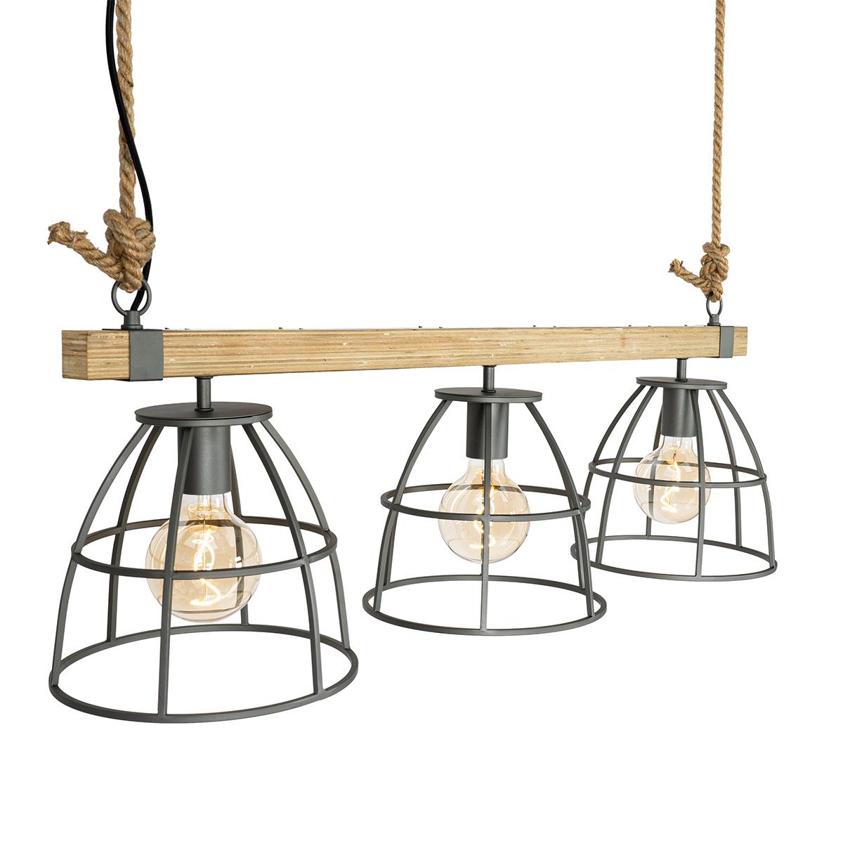 QAZQA Industriële hanglamp hout met donkergrijs 3-lichts - Arthur
