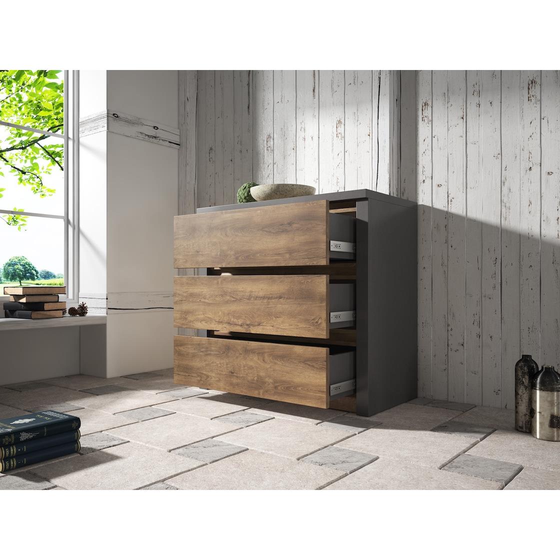 Meubella Ladekast Monaco - Eiken - Grijs - 90 cm