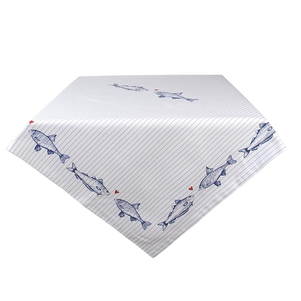 Clayre & Eef Tafelkleed  150x150 cm Wit Blauw Katoen Vierkant Vissen