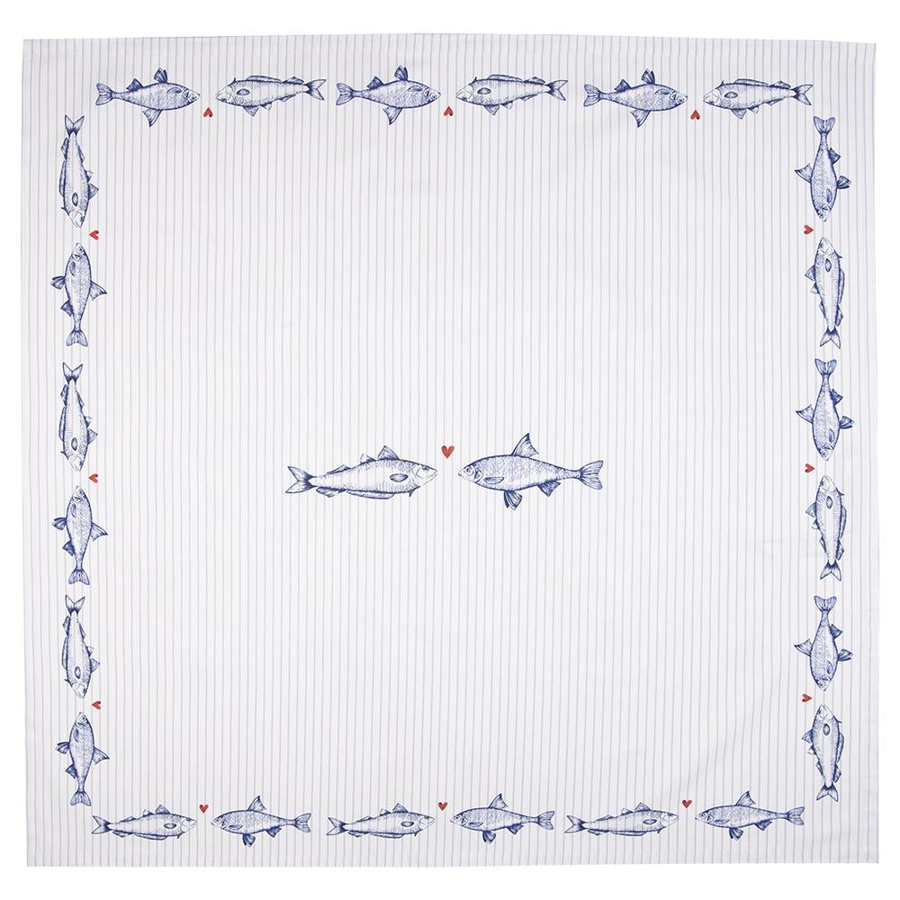Clayre & Eef Tafelkleed  150x150 cm Wit Blauw Katoen Vierkant Vissen