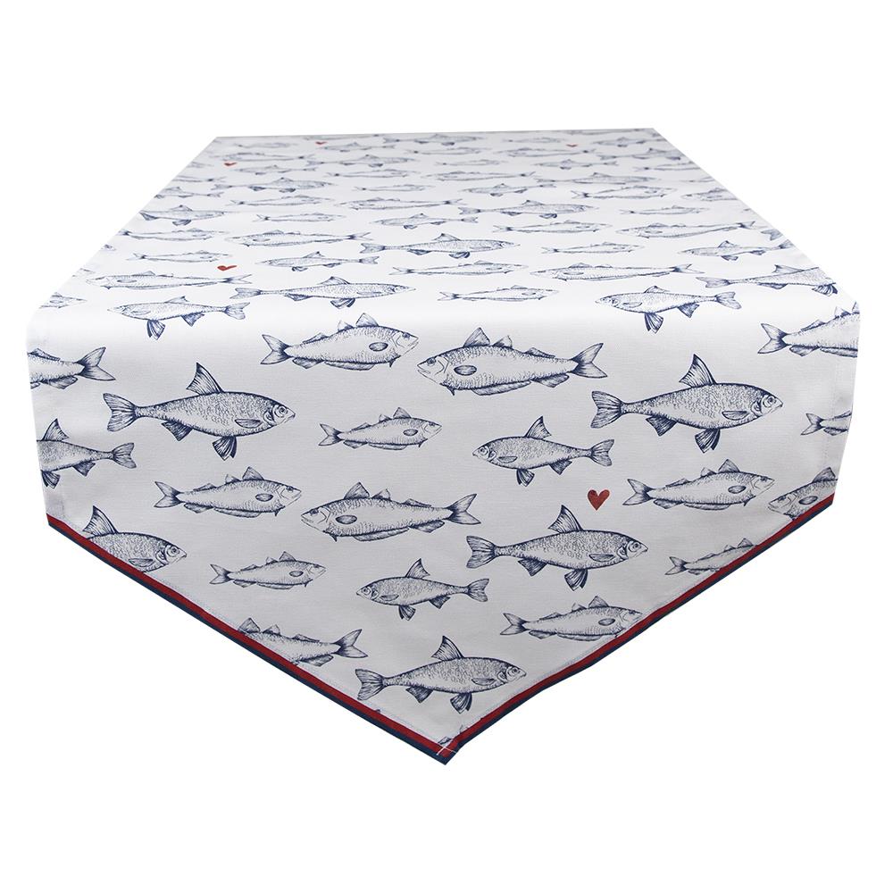 Clayre & Eef Tafelloper  50x160 cm Wit Blauw Katoen Vissen Tafelkleed
