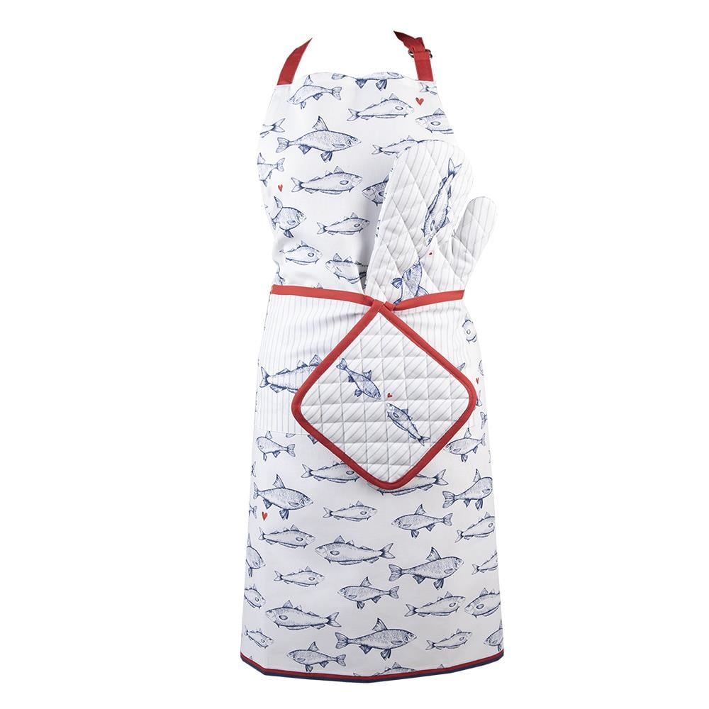 Clayre & Eef Ovenwant  18x30 cm Wit Blauw Katoen Vissen Ovenhandschoen