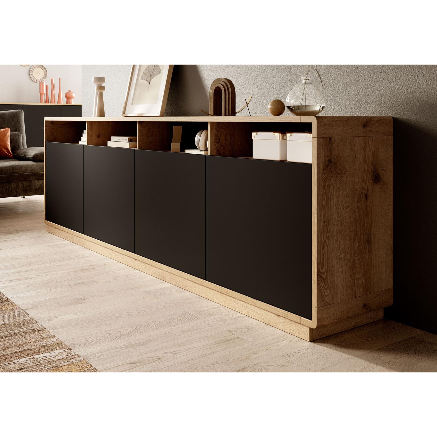 Meubella Dressoir Acuna - Mat zwart - Eiken - 238 cm