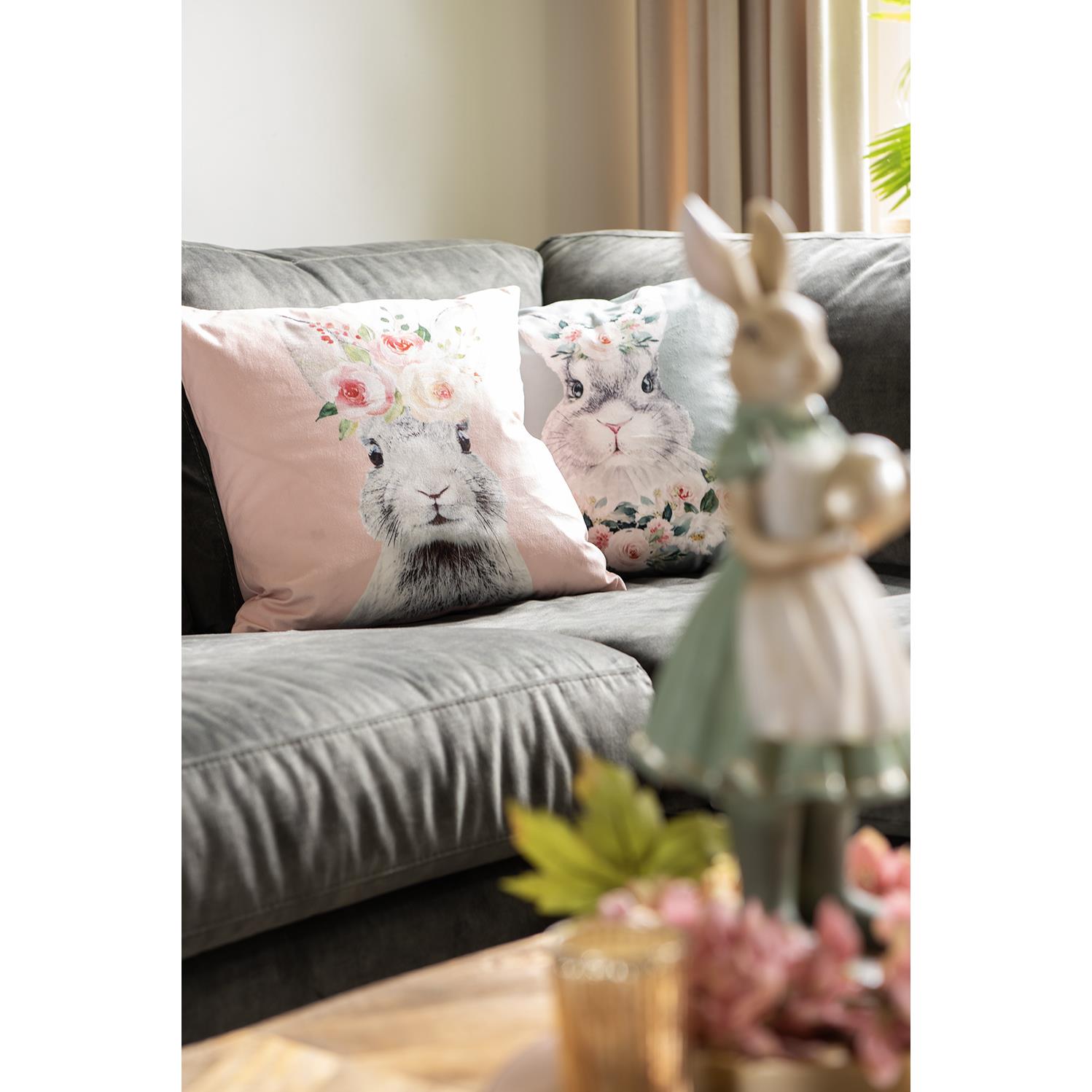 Clayre & Eef Kussenhoes  45x45 cm Roze Wit Polyester Vierkant Konijn