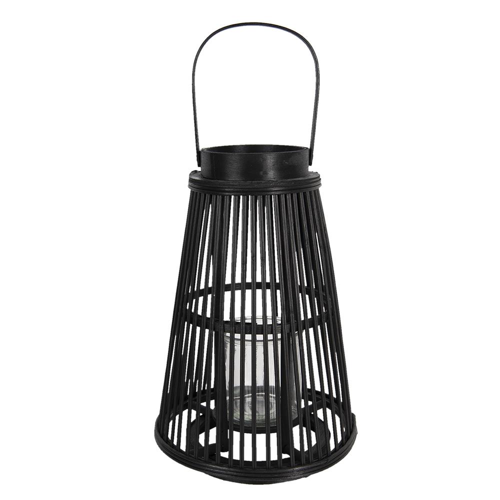 Clayre & Eef Windlicht  Ø 28x40 cm Zwart Hout Glas Rond Kaarsenhouder