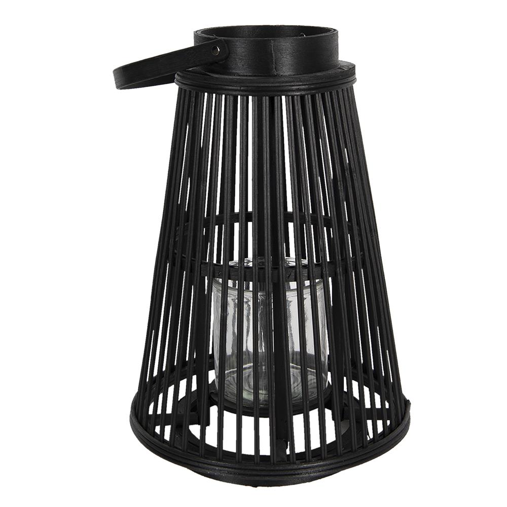 Clayre & Eef Windlicht  Ø 28x40 cm Zwart Hout Glas Rond Kaarsenhouder