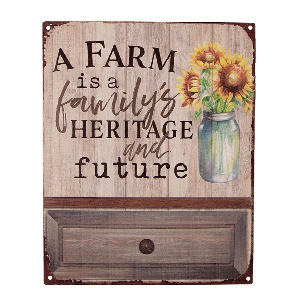 Clayre & Eef Tekstbord  20x25 cm Bruin Ijzer Bloemen A farm is a