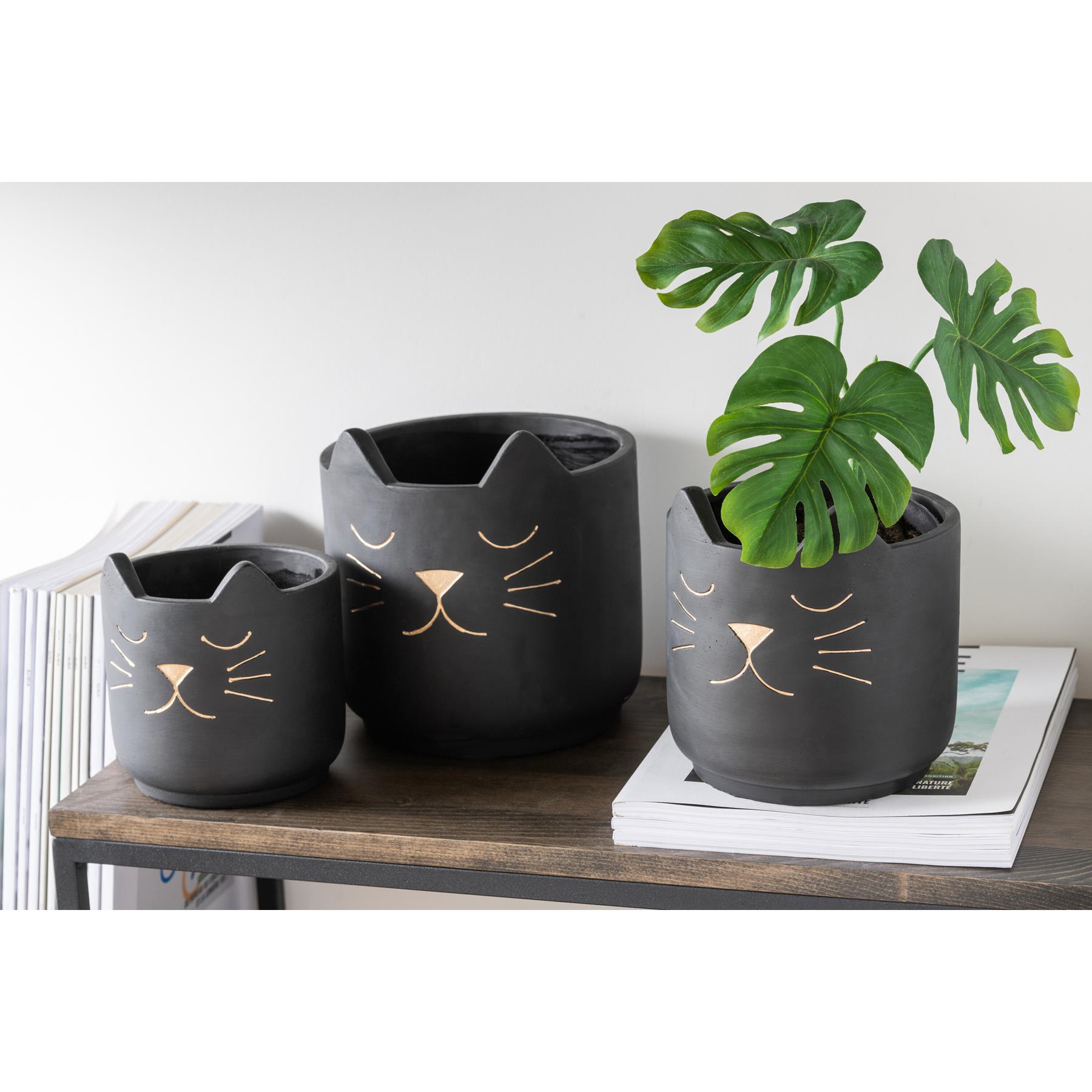 J-Line Bloempot Kat voor binnen - keramiek - zwart|goud - small - Ø 14 cm