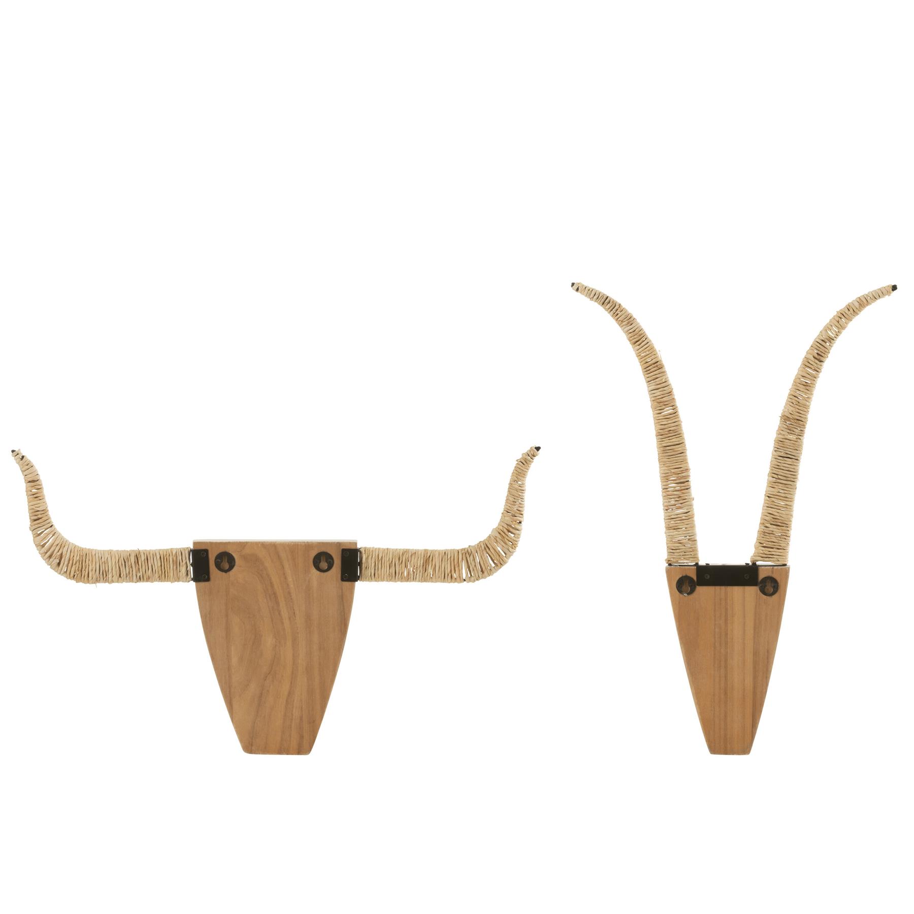 J-Line wanddecoratie Stier - hout|riet - wit|naturel - 2 stuks