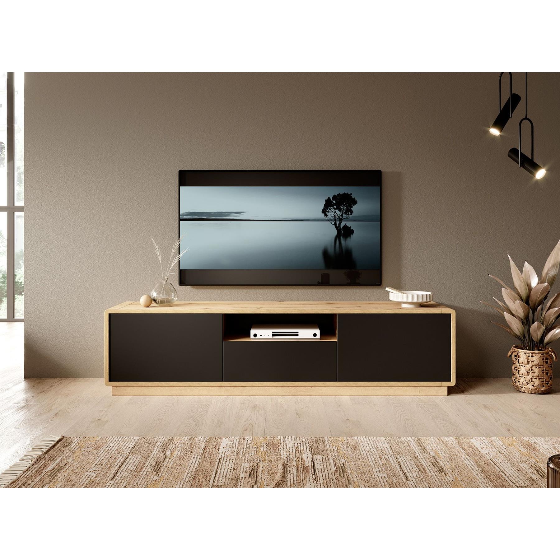 Meubella TV-Meubel Acuna - Mat zwart - Eiken - 180 cm