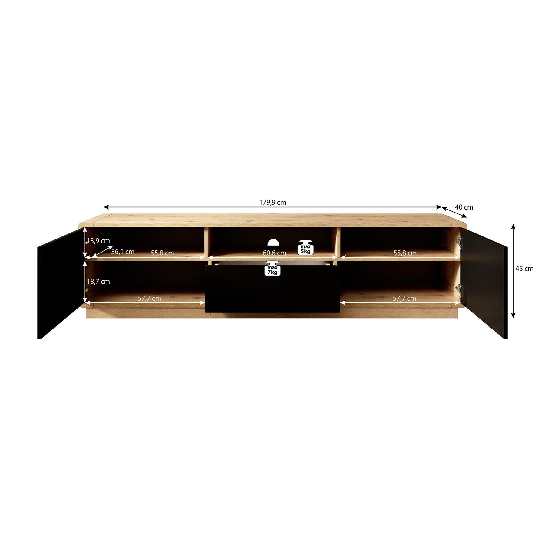 Meubella TV-Meubel Acuna - Mat zwart - Eiken - 180 cm