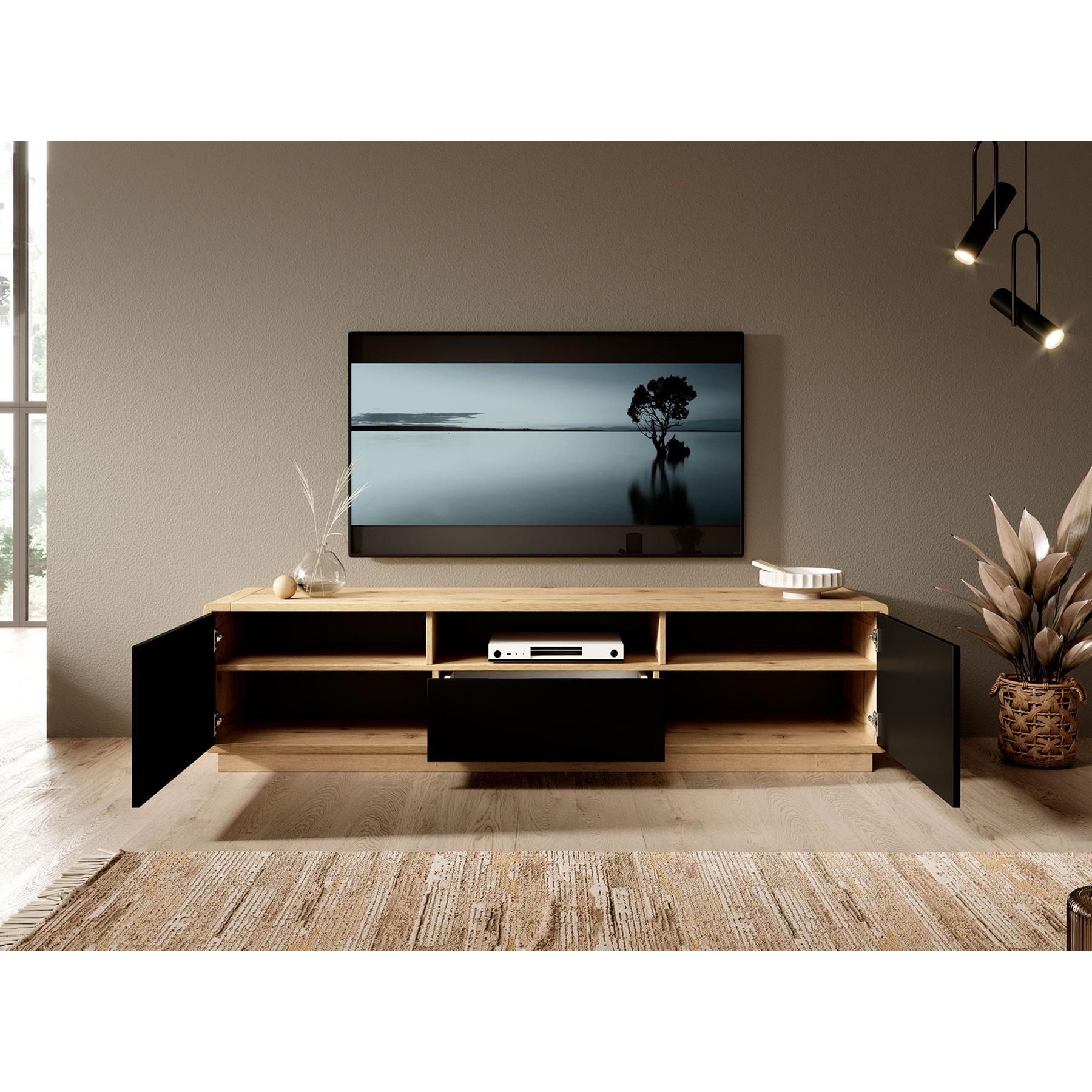 Meubella TV-Meubel Acuna - Mat zwart - Eiken - 180 cm