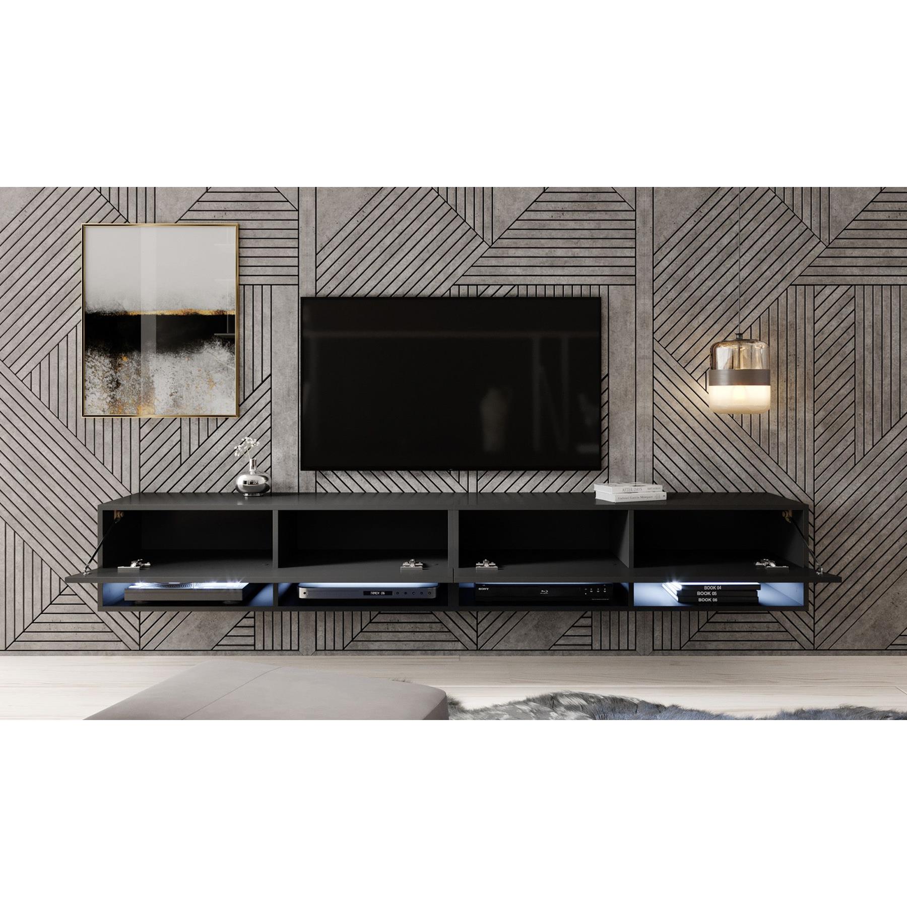 Meubella TV-Meubel Asino LED - Mat Zwart - 200 cm