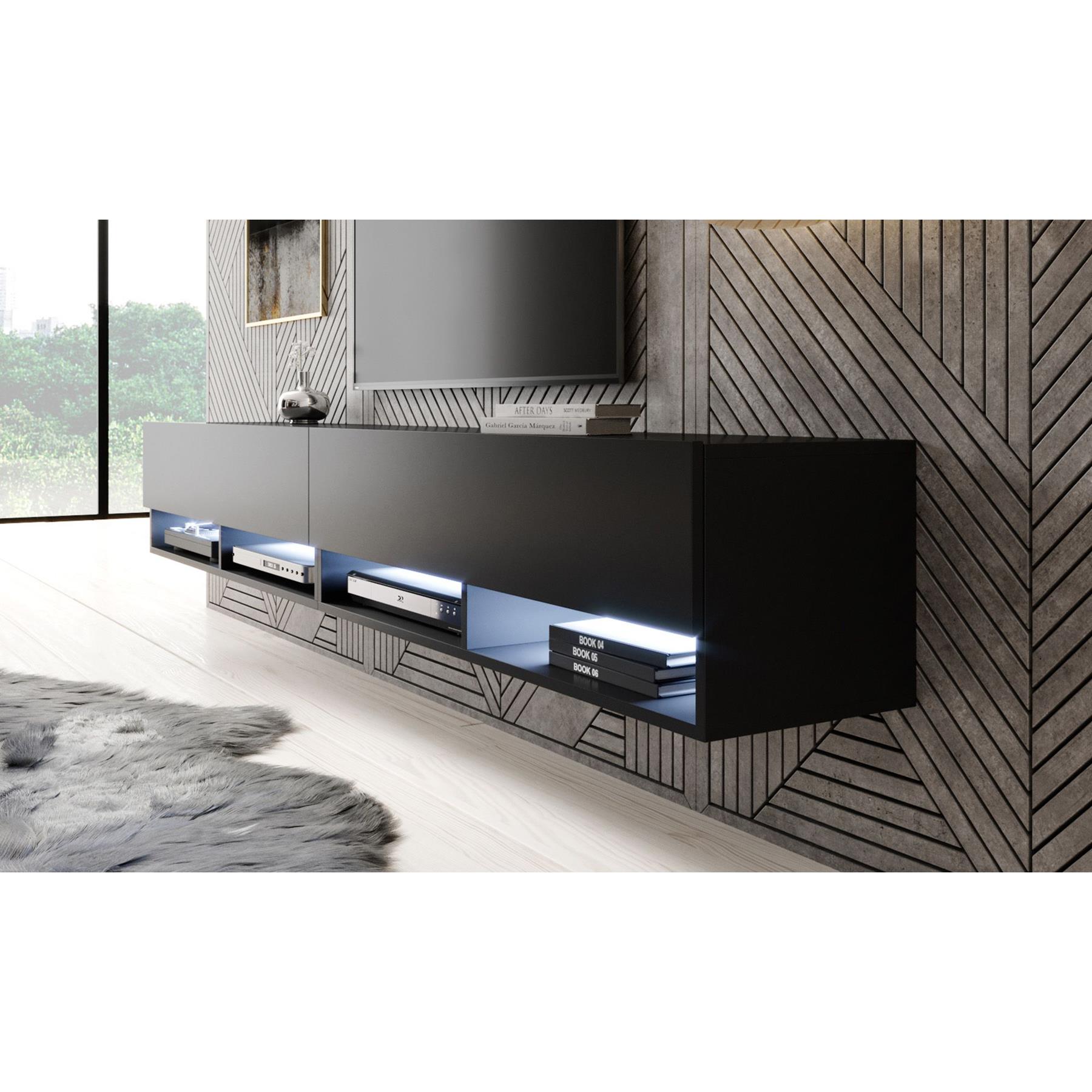 Meubella TV-Meubel Asino LED - Mat Zwart - 200 cm