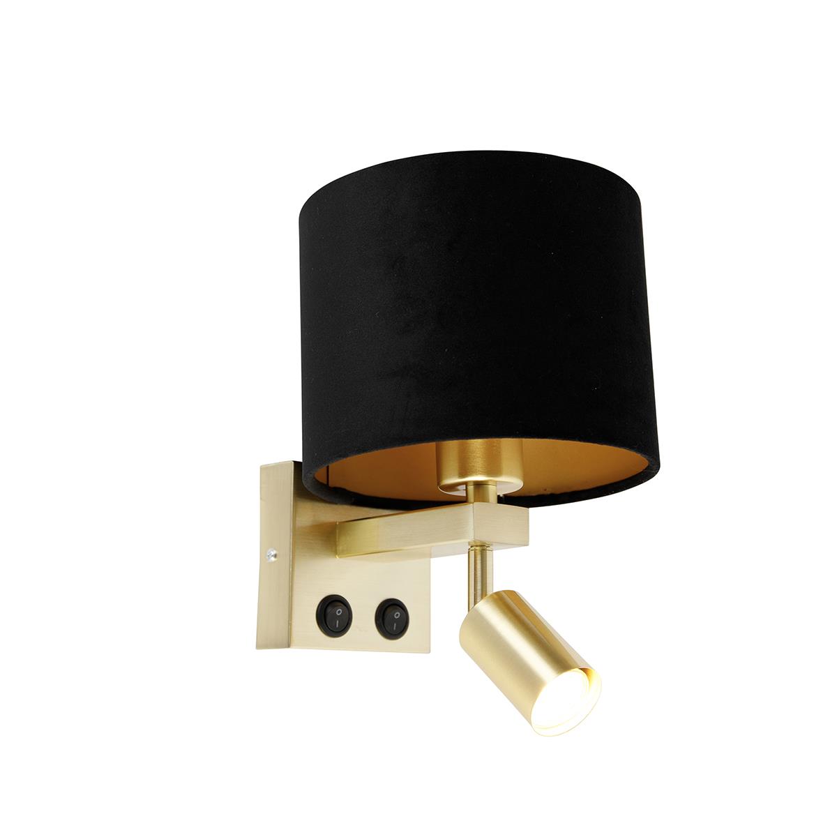 QAZQA Wandlamp messing met leeslamp en kap 18 cm zwart - Brescia