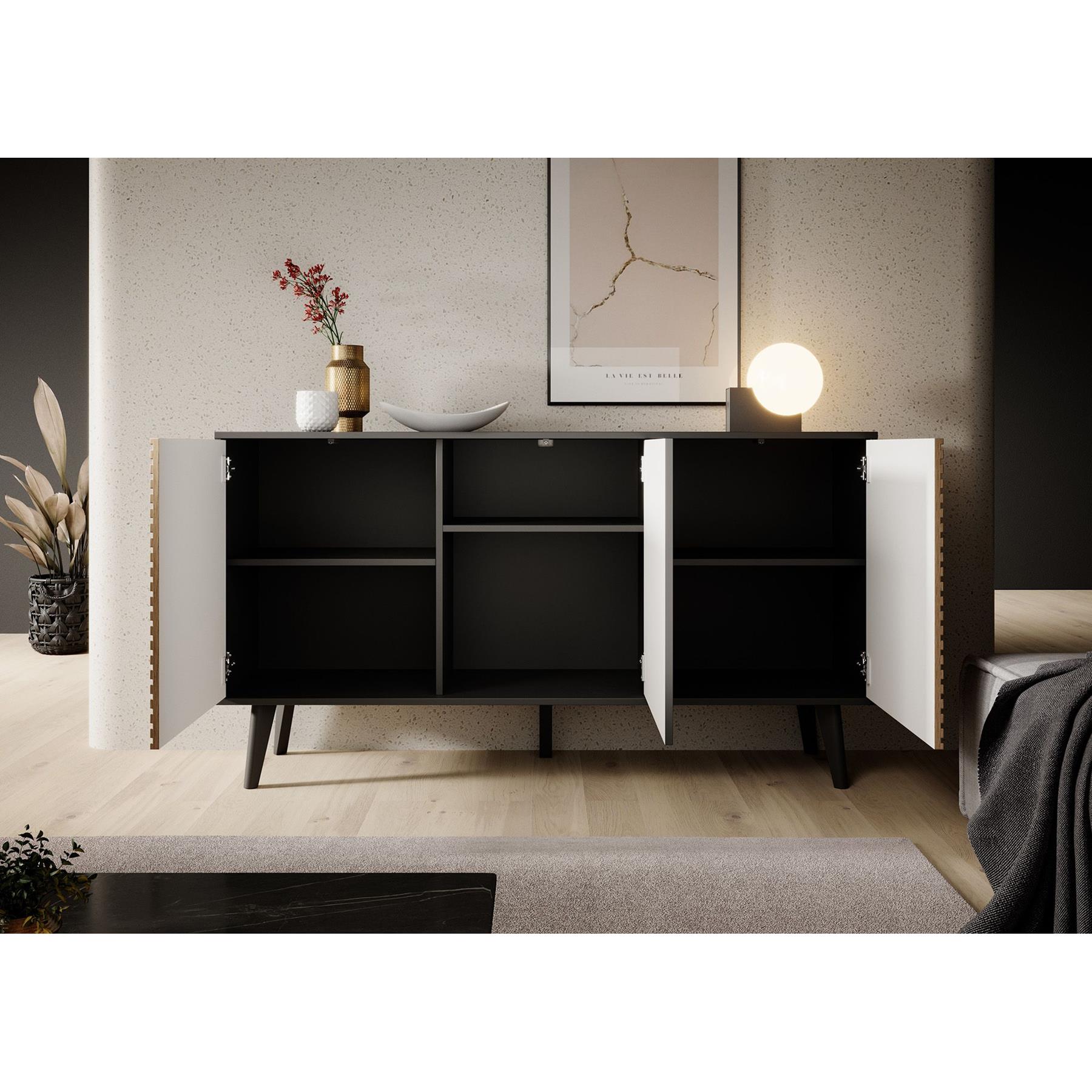 Meubella Dressoir Palladium - Eiken - Zwart - 154 cm