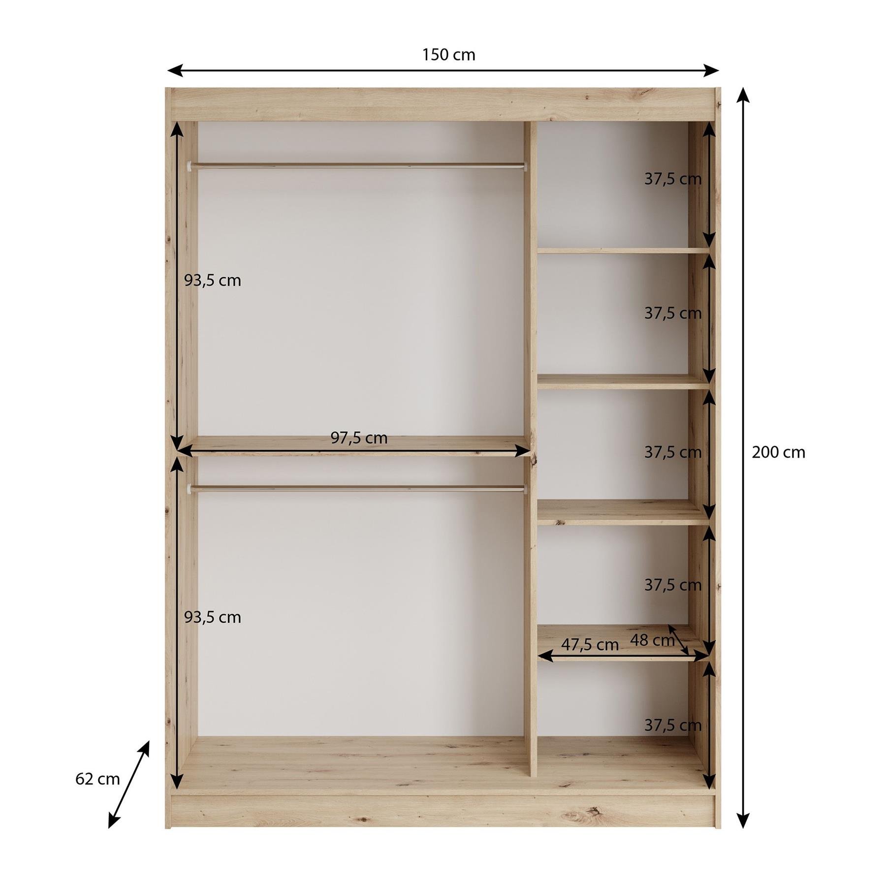 Meubella Kledingkast Lisbon 2 - Zwart - 150 cm - Met spiegel