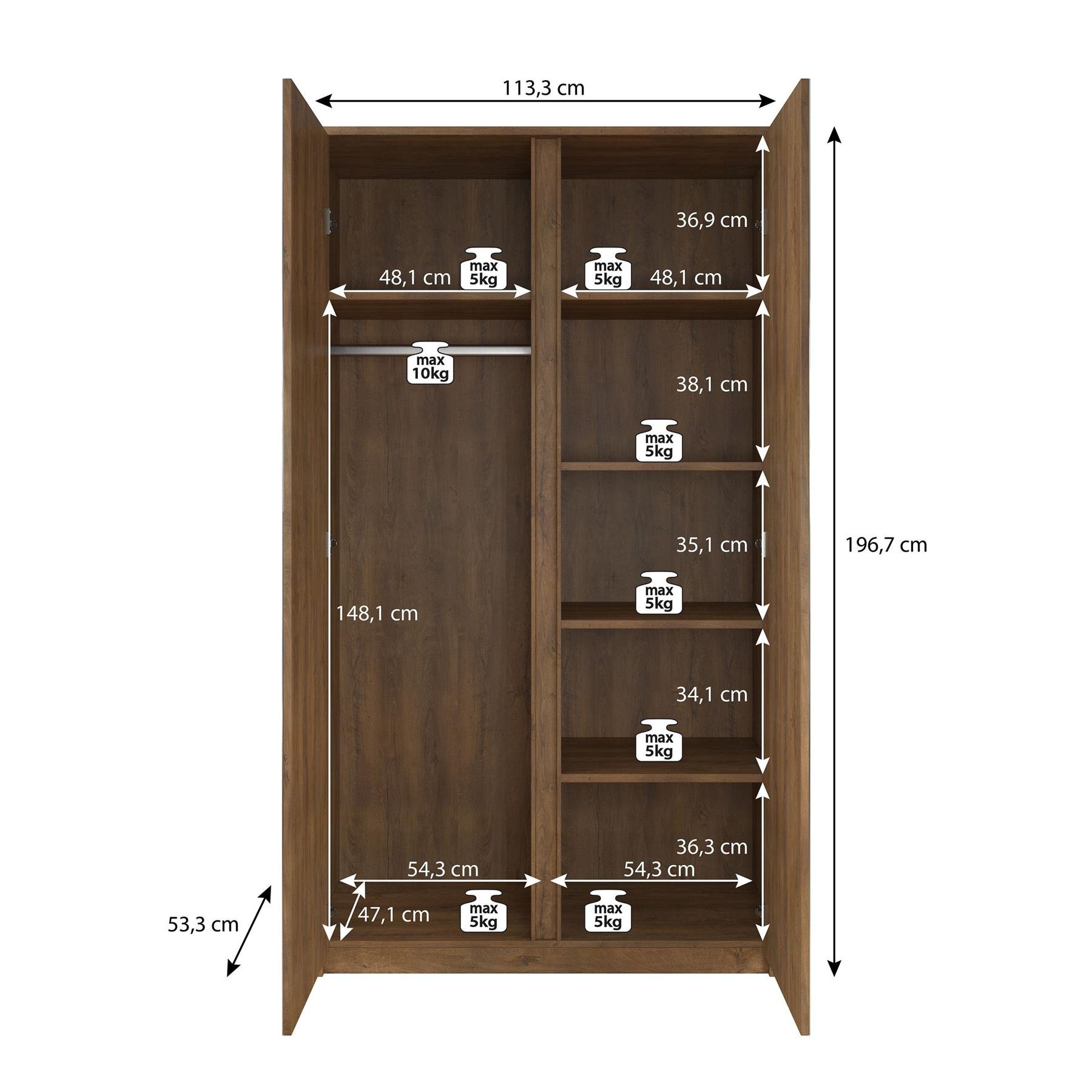 Meubella Kledingkast Malibu - Eiken - 113 cm - Met spiegel