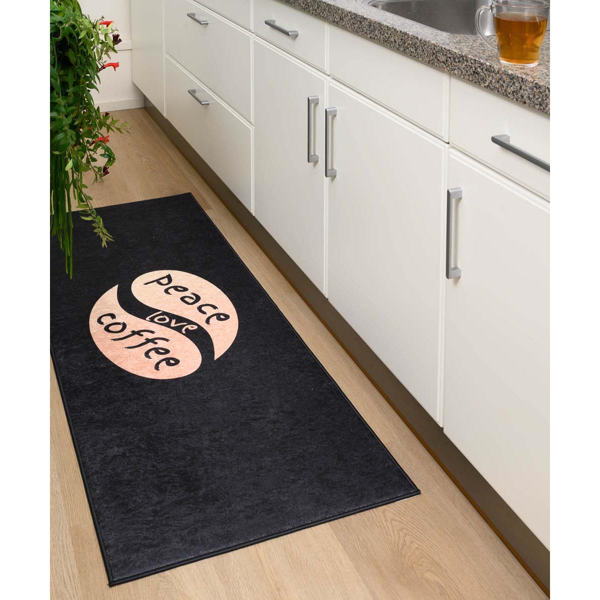 Tapeso Keukenloper wasbaar - Peace love coffee - zwart - 80x200 cm