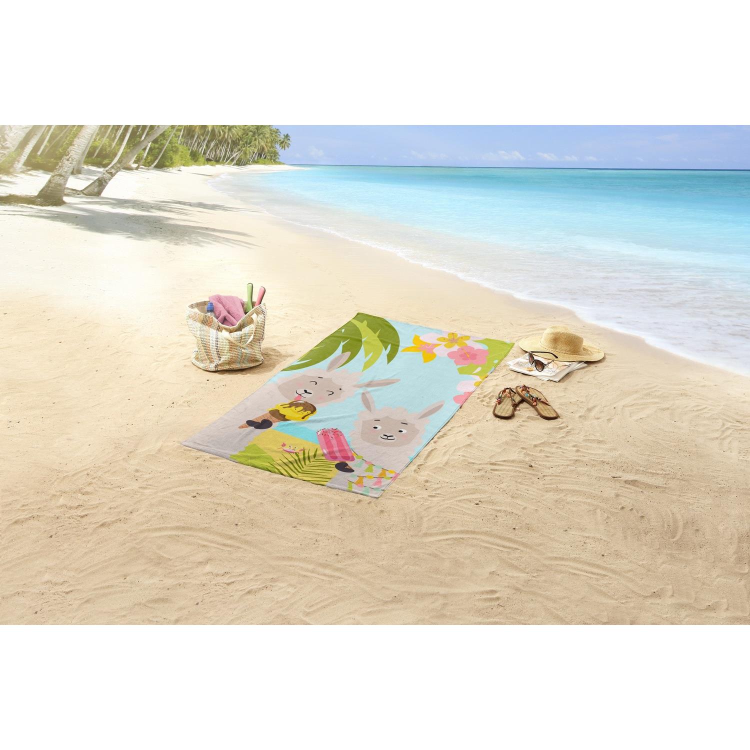 Good Morning Kinder Strandlaken Velours Happy Lamas 75x150cm - multi
