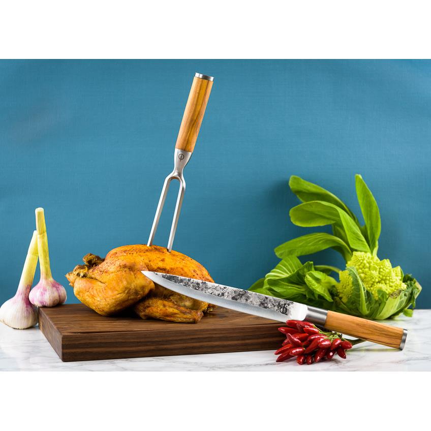 Forged Olive Vleesvork 20cm - Olijfhout - In Houten Gifbox