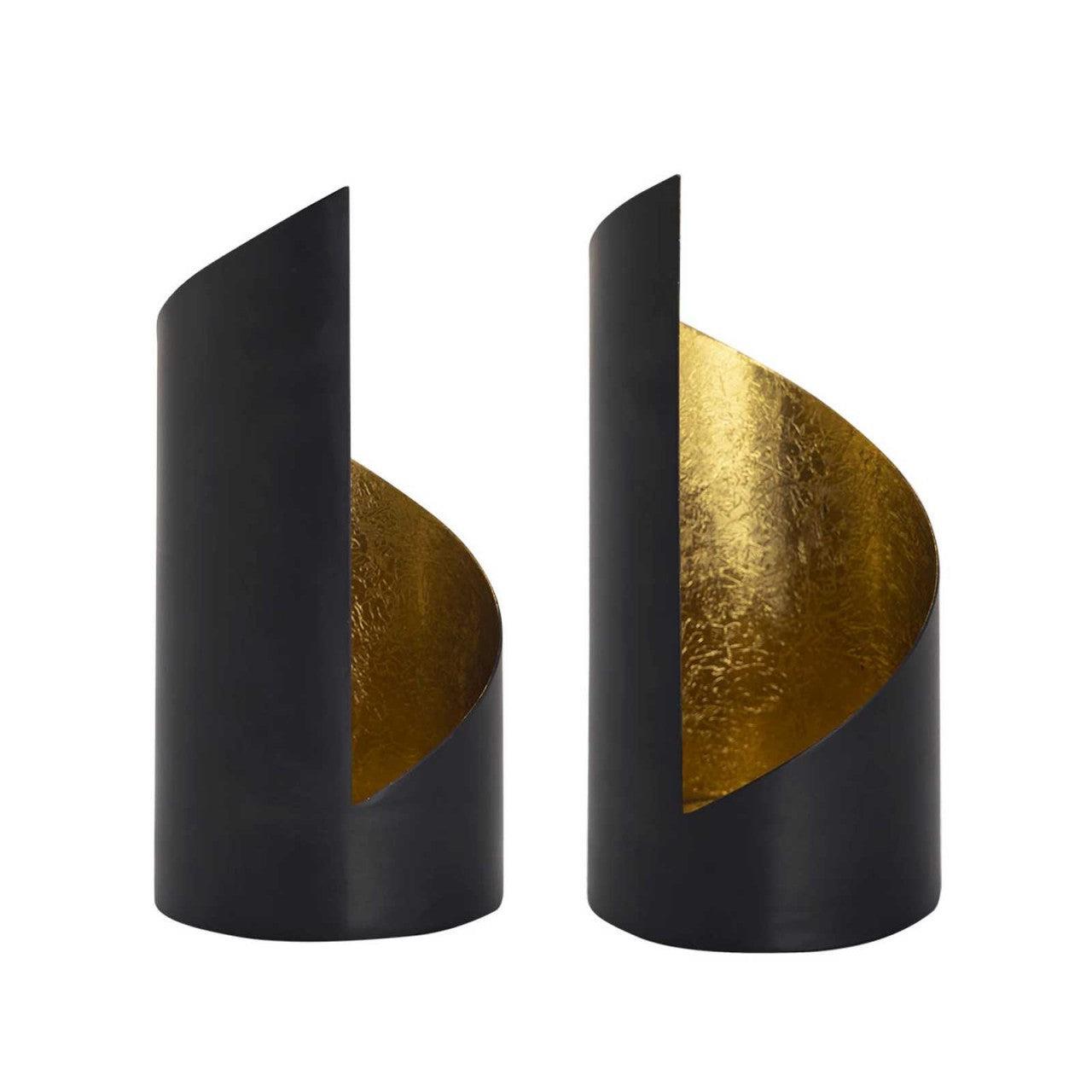 SVJ Windlichten Rond - 8 x 8 x 18 cm - Metaal - Zwart|Goud - Set van 2