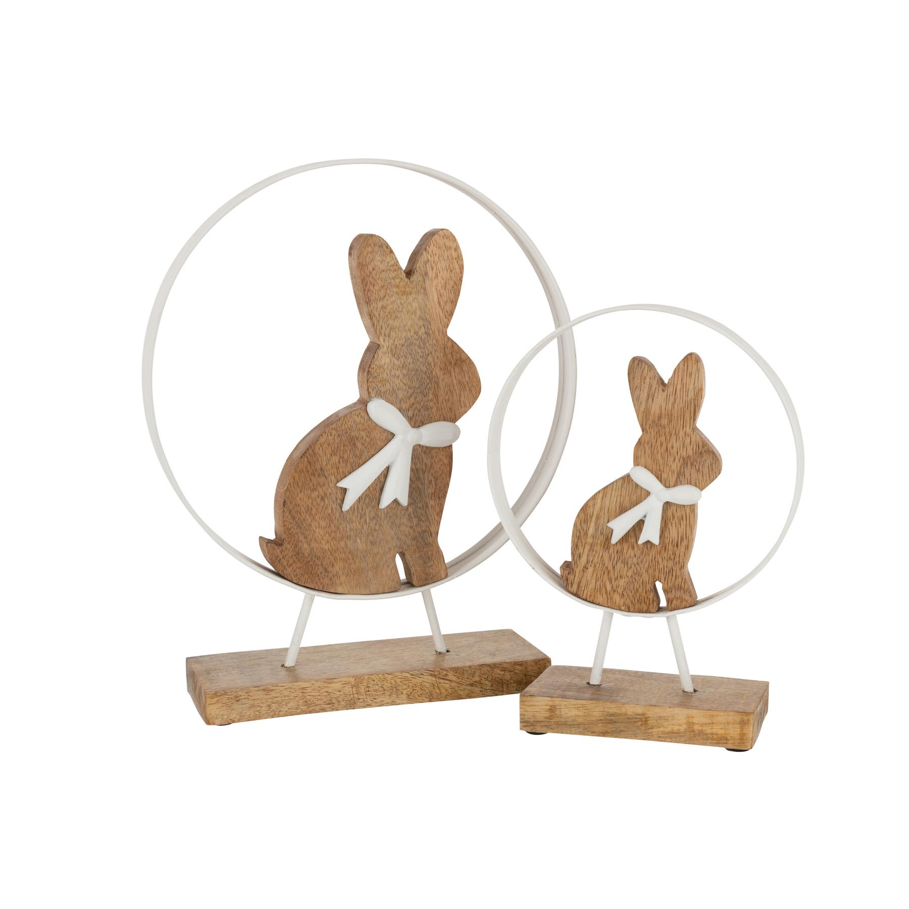 J-Line decoratie Konijn Strik In Rond - hout|ijzer - wit|naturel - medium - paasdecoratie