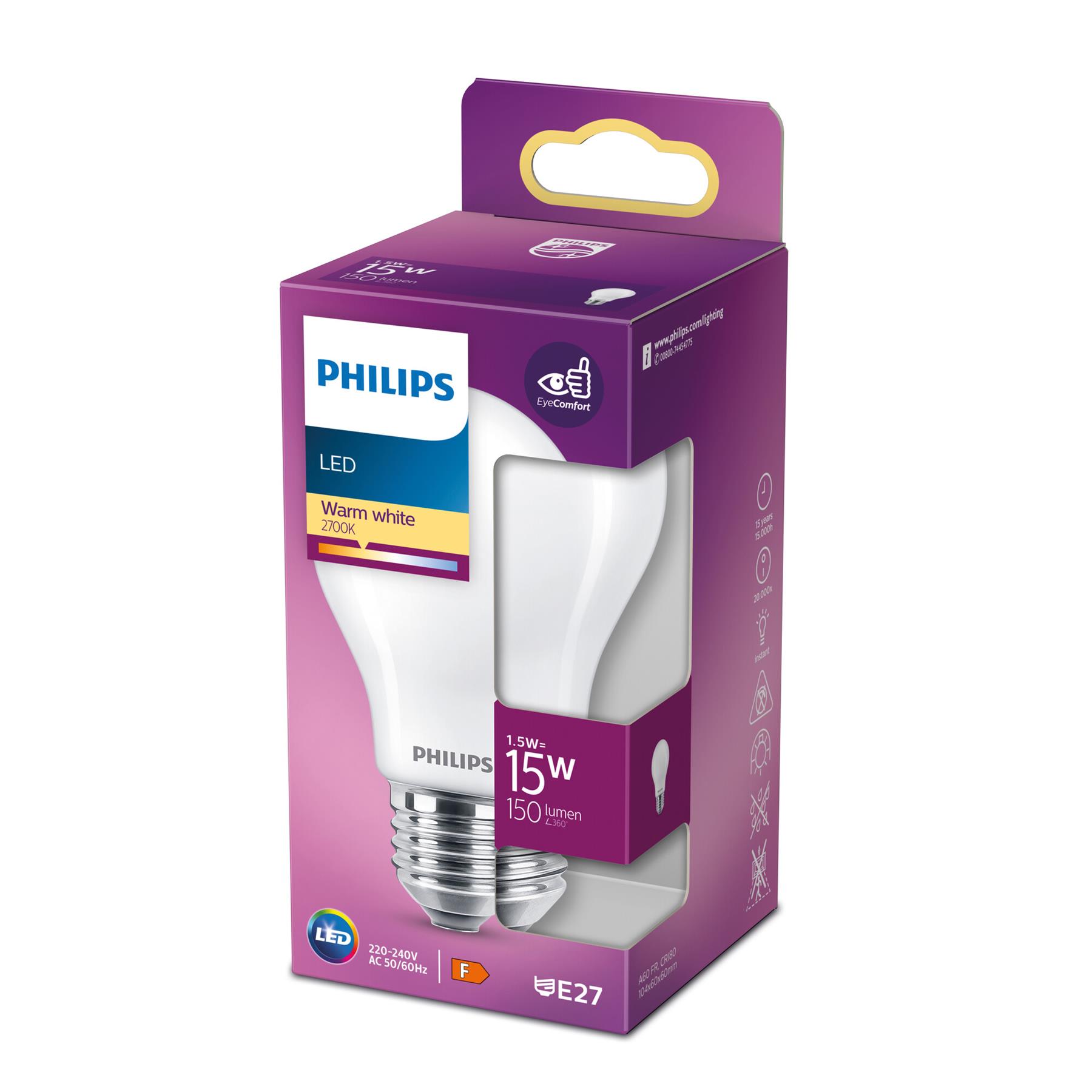 Philips LED standaard lamp mat niet dimbaar E27 A60 1,5W 150lm 2700