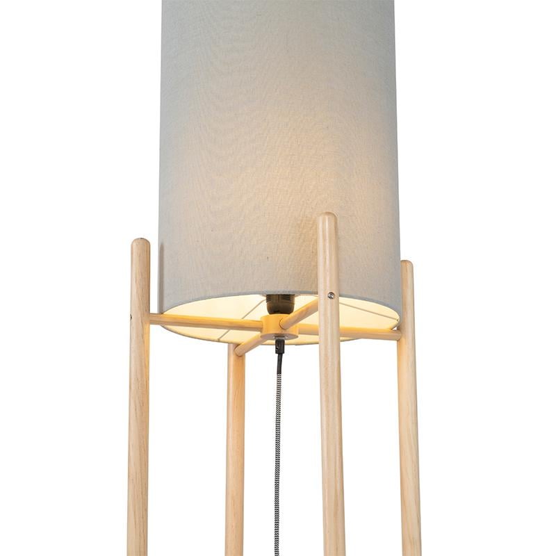 QAZQA Landelijke vloerlamp hout met grijze kap - Lengi