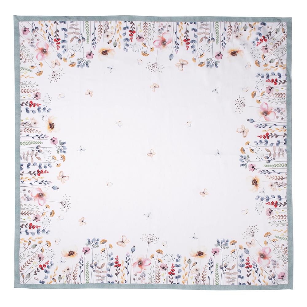 Clayre & Eef Tafelkleed  150x150 cm Wit Groen Katoen Vierkant Bloemen