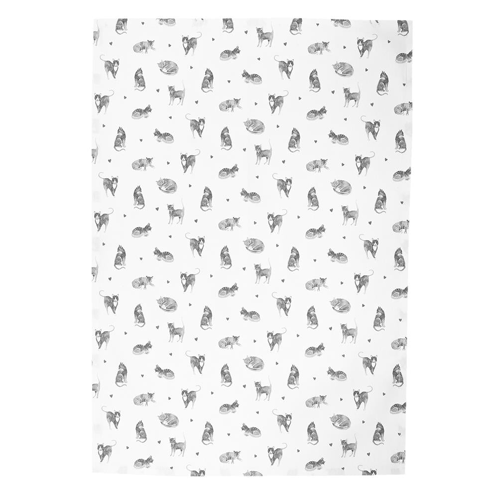 Clayre & Eef Theedoek  50x70 cm Grijs Wit Katoen Katten Keukenhanddoek