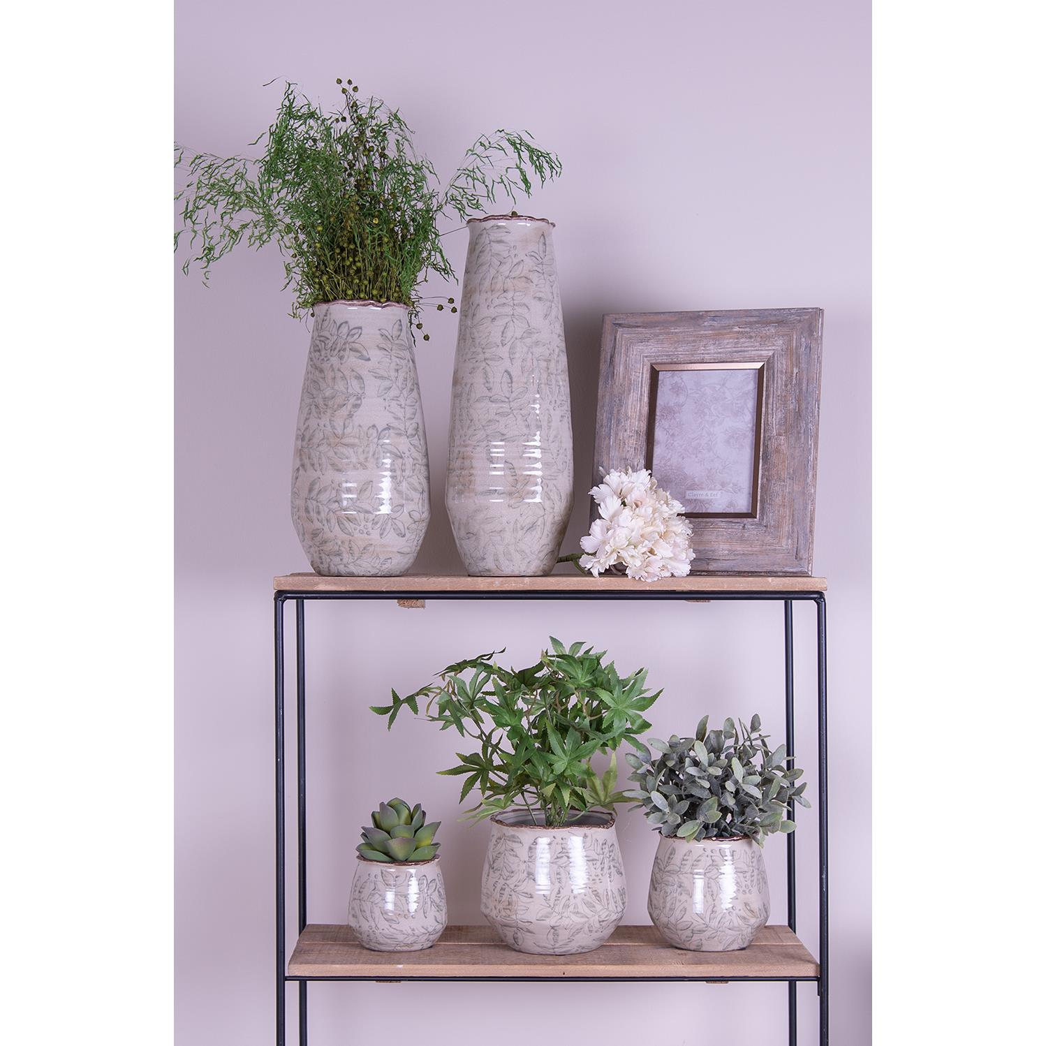 Clayre & Eef Bloempot  Ø 14x13 cm Groen Beige Keramiek Bladeren