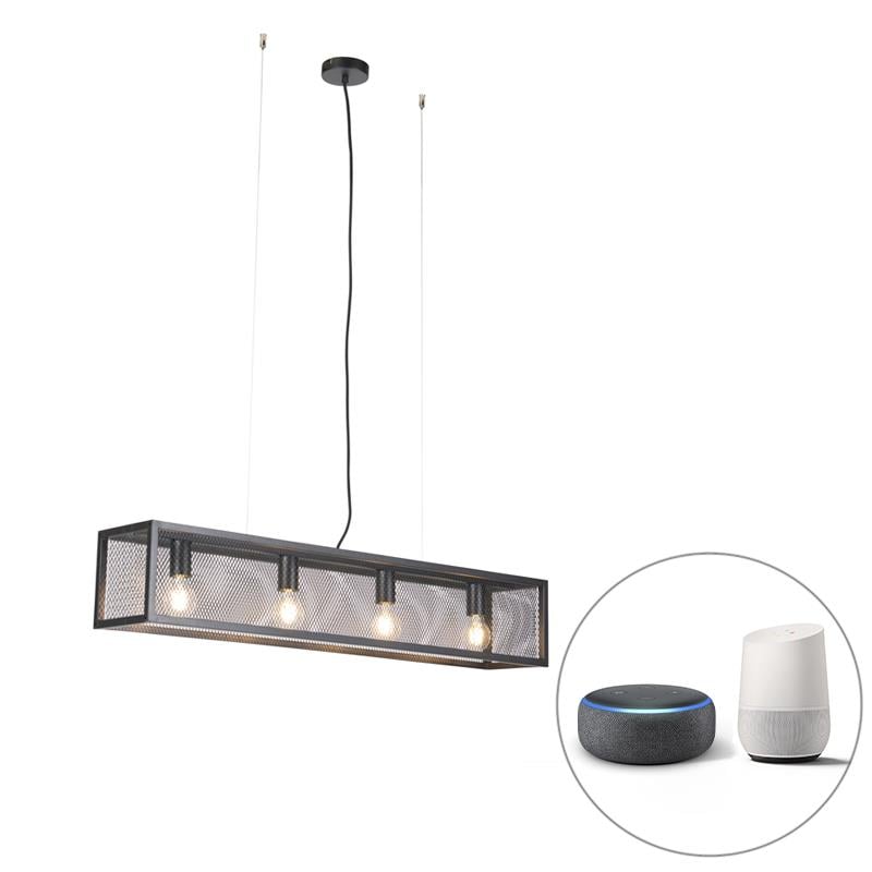 QAZQA Smart industriële hanglamp zwart incl. 4 WiFi A60 - Cage Wire