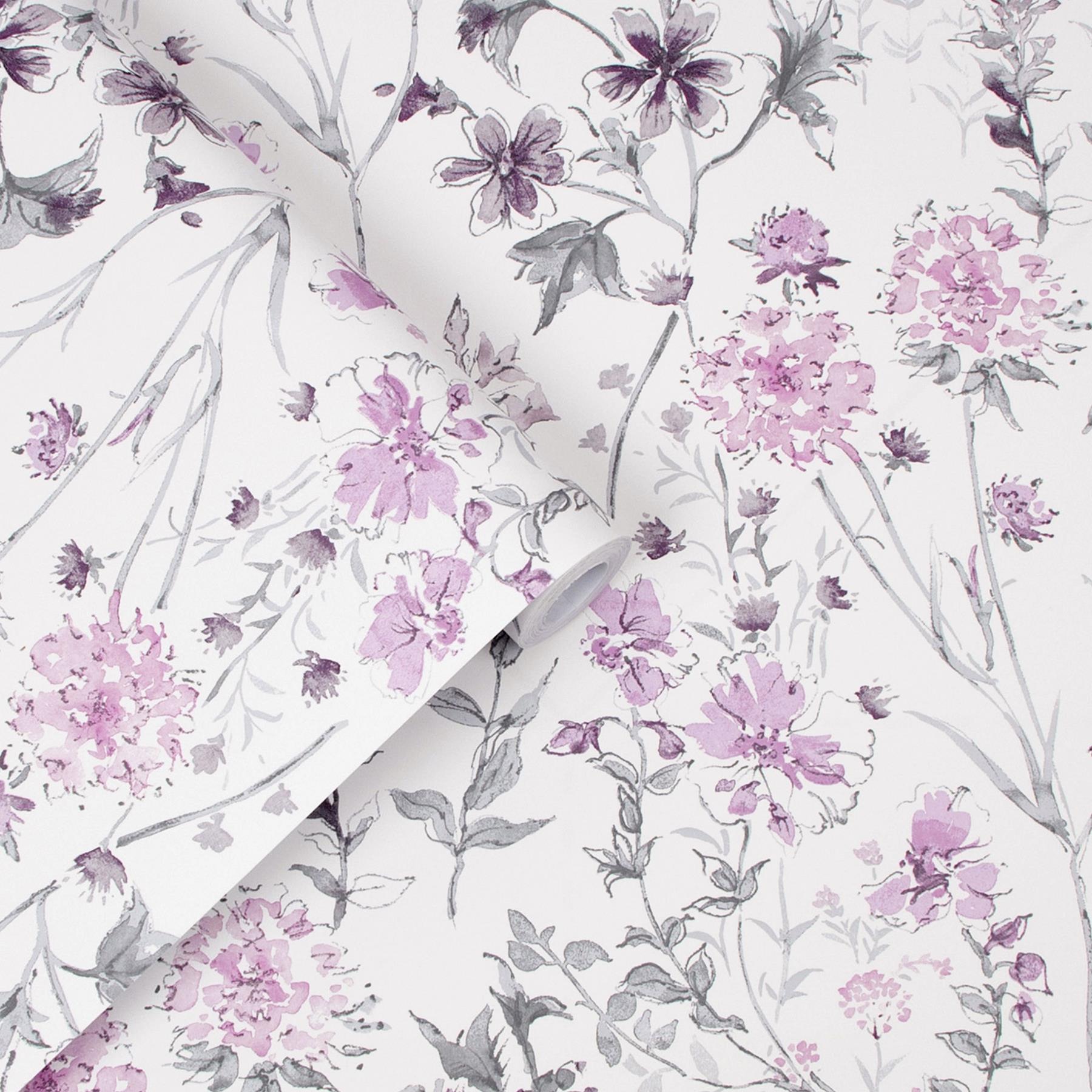 Laura Ashley Wild Meadow Behang - Bloemen - 10mx52cm - Paars