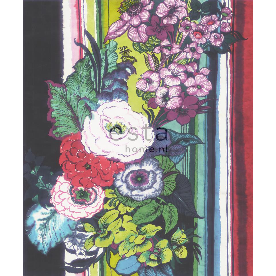 ESTAhome Fotobehang Bloemen Zwart Rood Blauw Wit En Groen 232 5 C