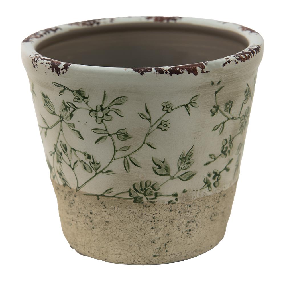Clayre & Eef Bloempot  Ø 12x10 cm Groen Wit Keramiek Rond Bladeren