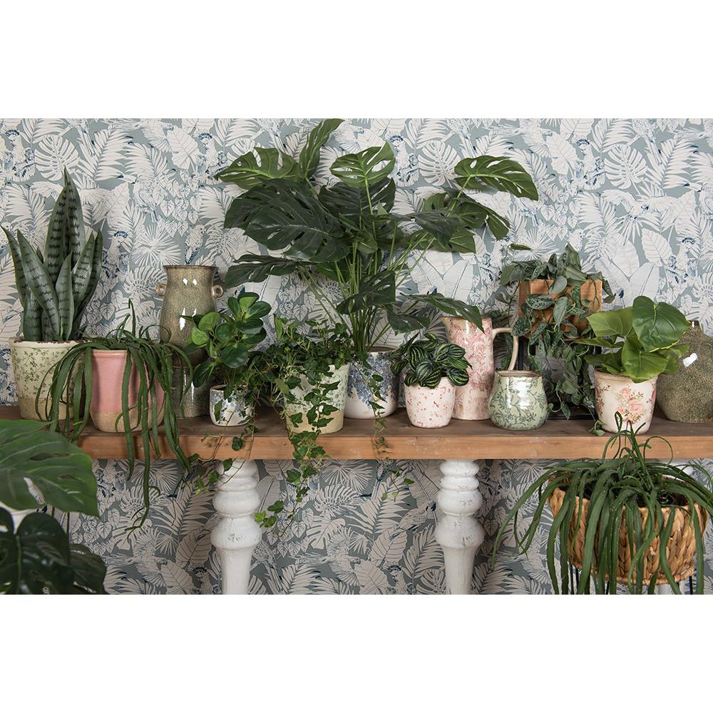 Clayre & Eef Bloempot  Ø 12x10 cm Groen Wit Keramiek Rond Bladeren