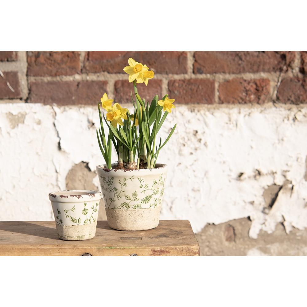 Clayre & Eef Bloempot  Ø 12x10 cm Groen Wit Keramiek Rond Bladeren