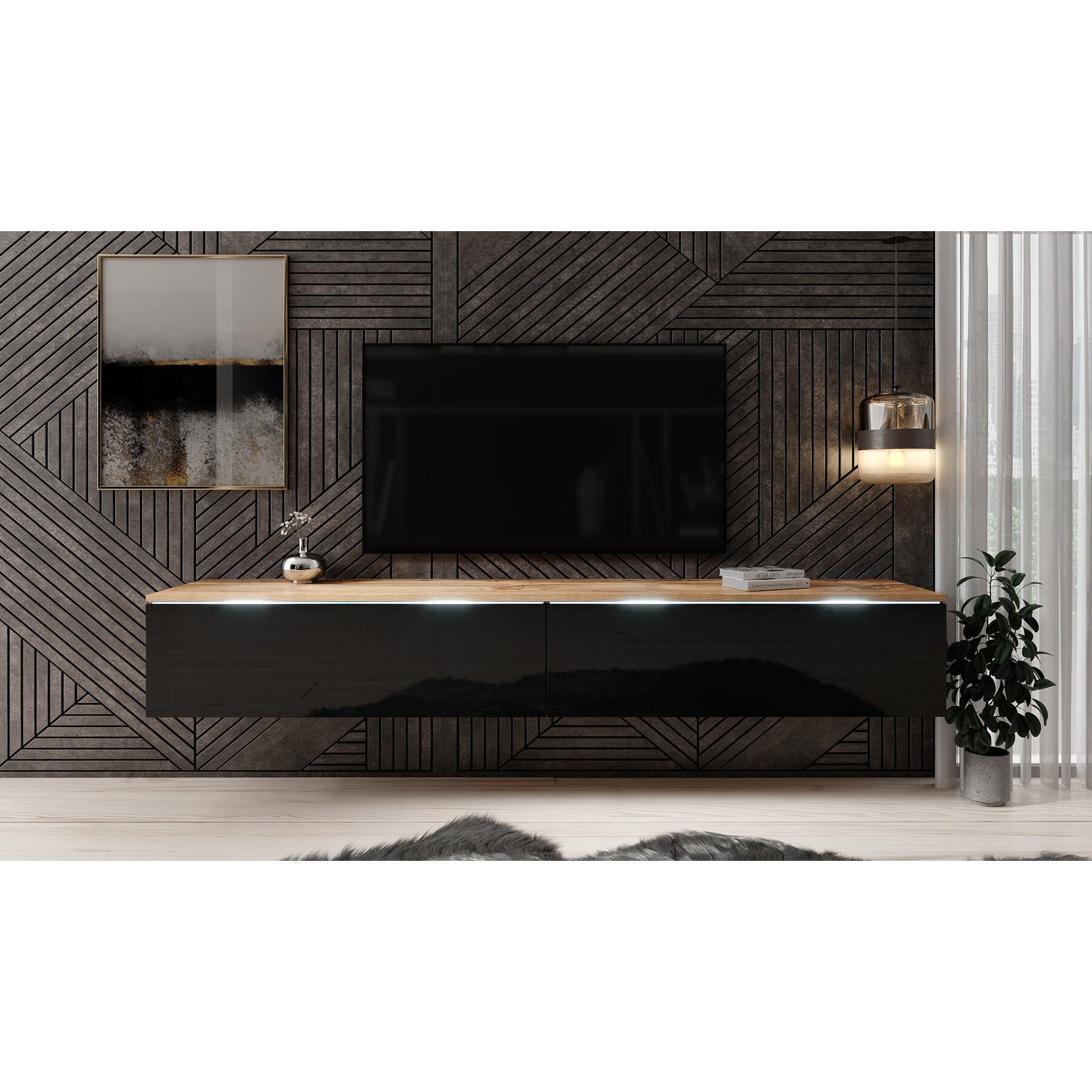 Meubella TV-Meubel Dixon - Zwart - Eiken - 180 cm