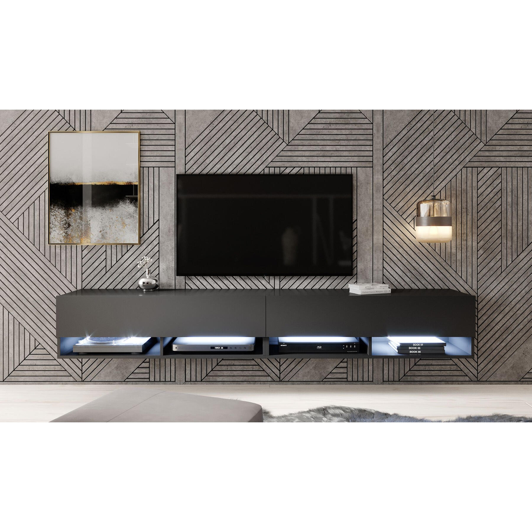 Meubella TV-Meubel Asino LED - Mat Zwart - 200 cm