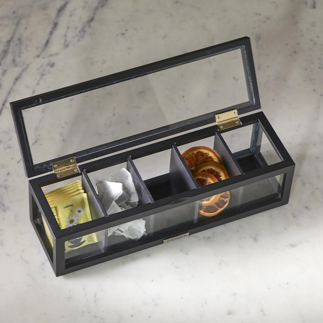 Rivièra Maison - Luxe Theedoos in zwart van MDF en glas, afmeting 37 x 11 x 11.5 cm