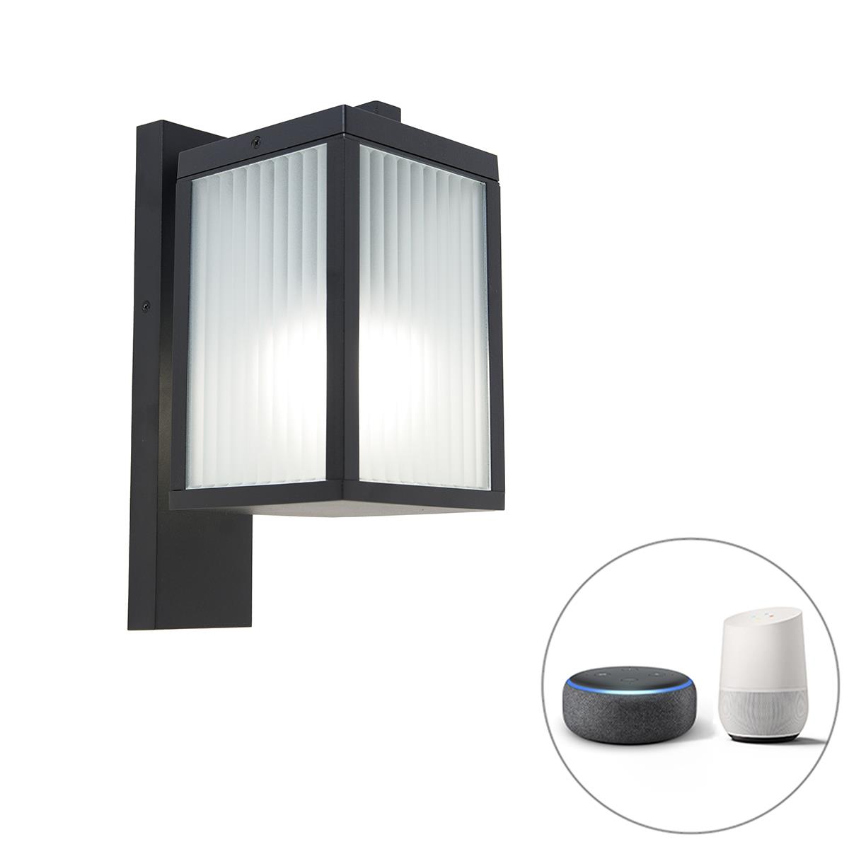 QAZQA Smart buiten wandlantaarn zwart met ribbel glas incl. Wifi A60