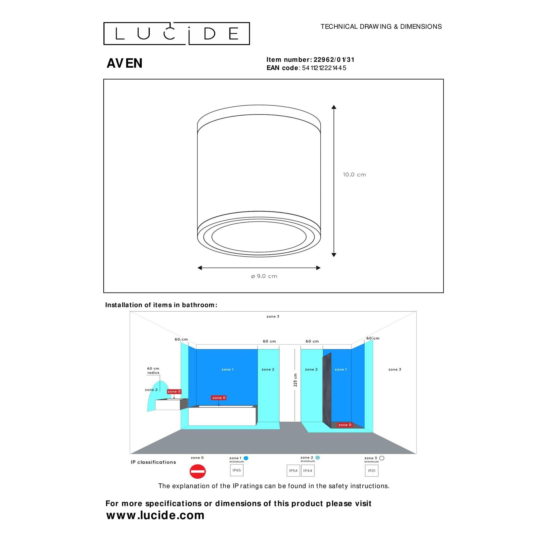Lucide AVEN - Plafondspot Badkamer - Ø 9 cm - 1xGU