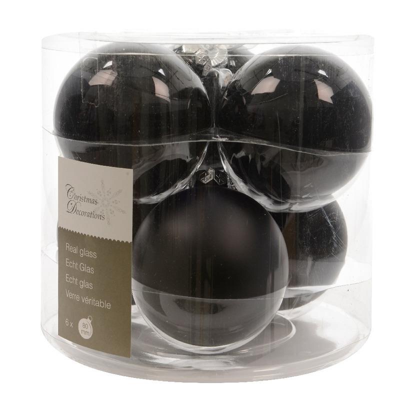 Decoris Kerstballen - 6 ST - zwart - glas - 8 cm