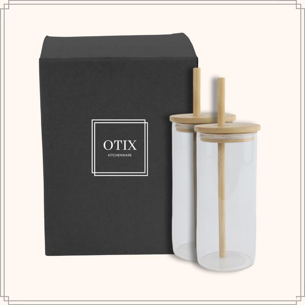 OTIX Drinkglazen met Bamboo Deksel met Rietje 2 Stuks 400 ml Waterg...