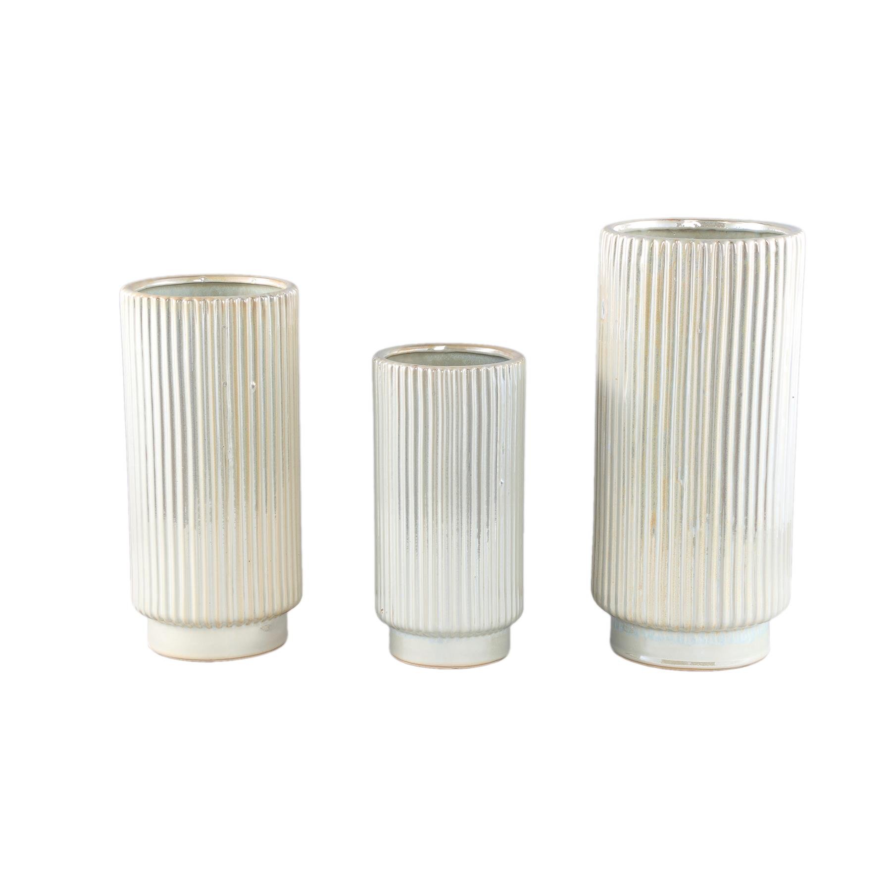 PTMD Eviera Pearl shiny glazed ceramic pot ribbed round