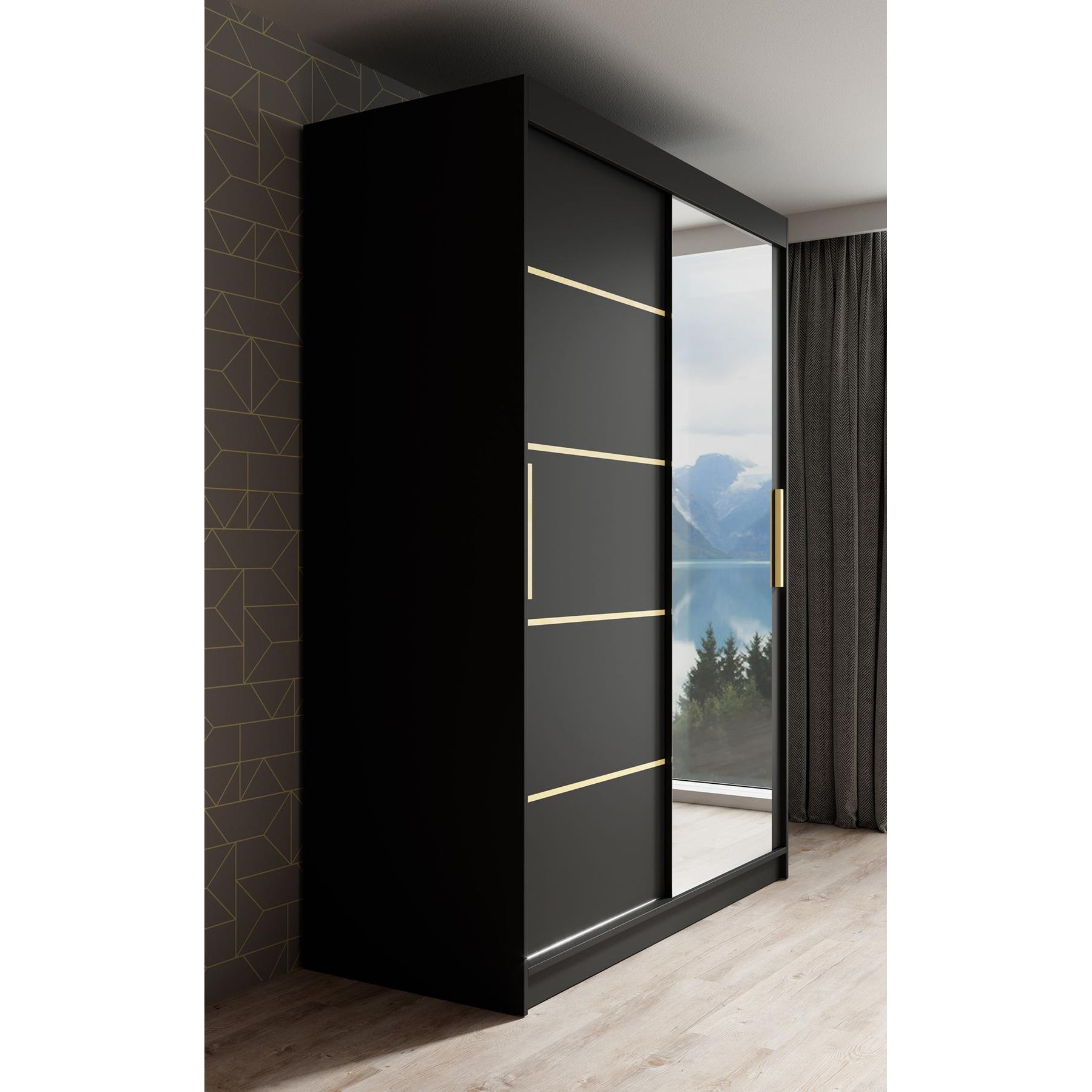 Meubella Kledingkast Malavi 2 - Zwart - 150 cm - Met spiegel