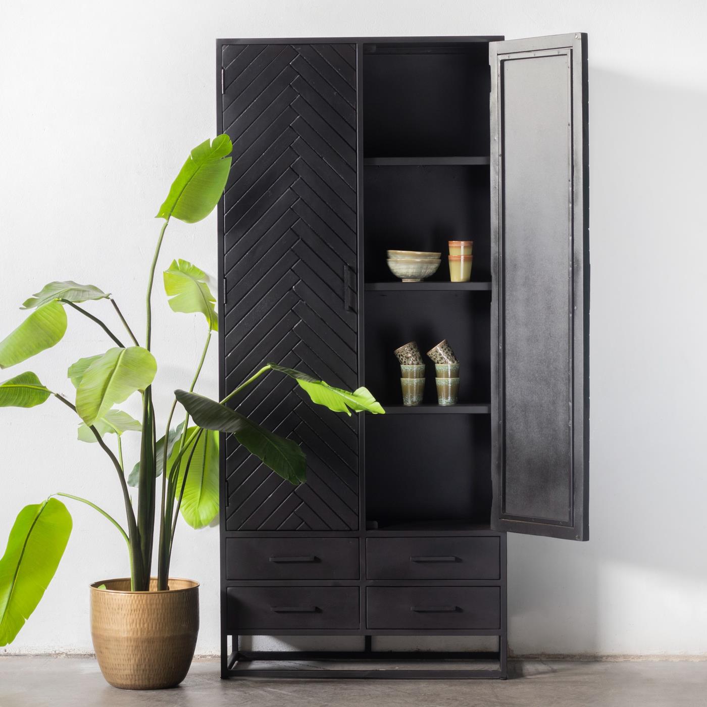 Giga Meubel - Wandkast Zwart Visgraat - Mangohout - 90x40x200cm