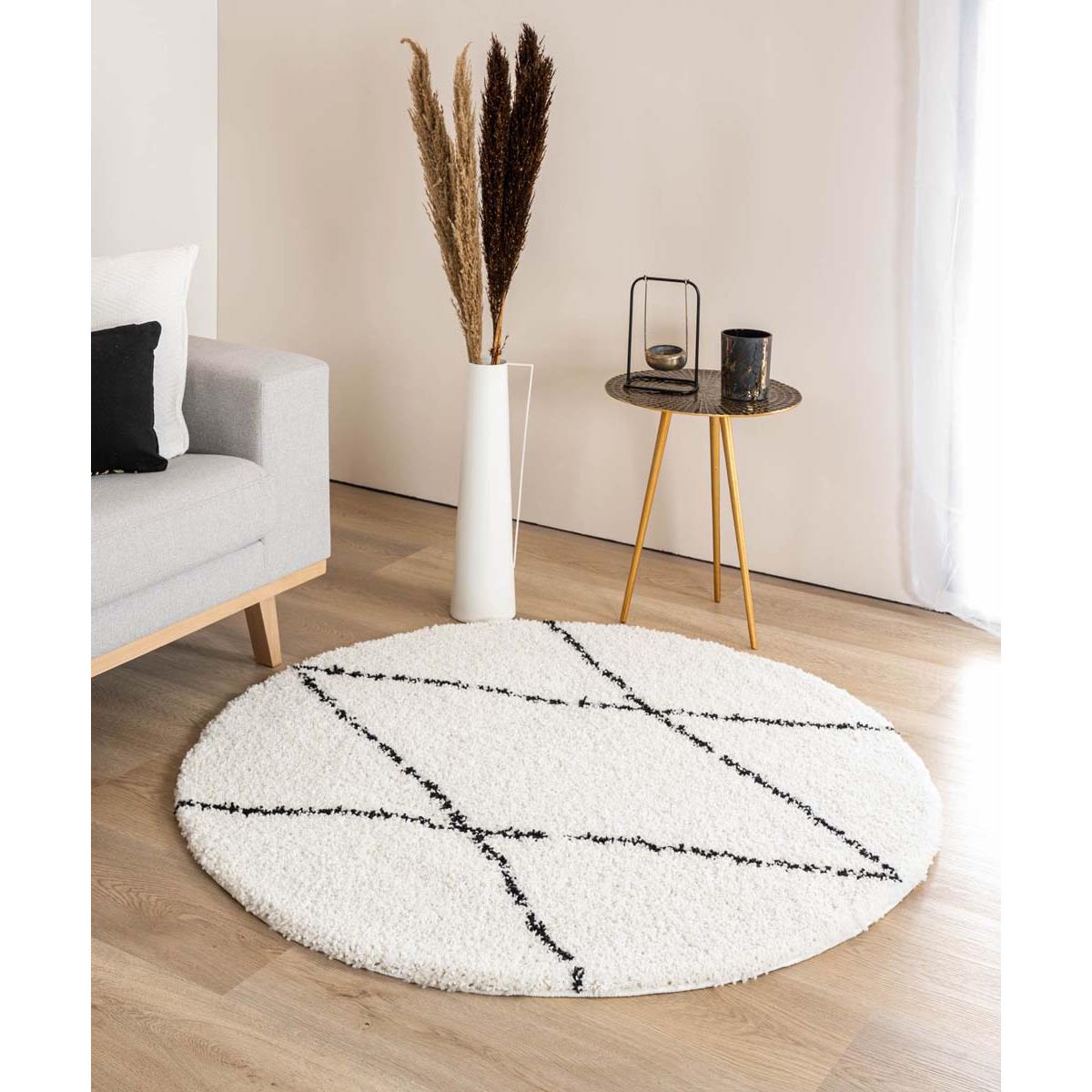 Boho&me Rond hoogpolig vloerkleed ruit Artisan - wit|zwart - 160 cm